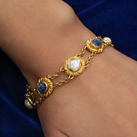 Untreated Ceylon Sapphire and Natural Pearl Bracelet c1910