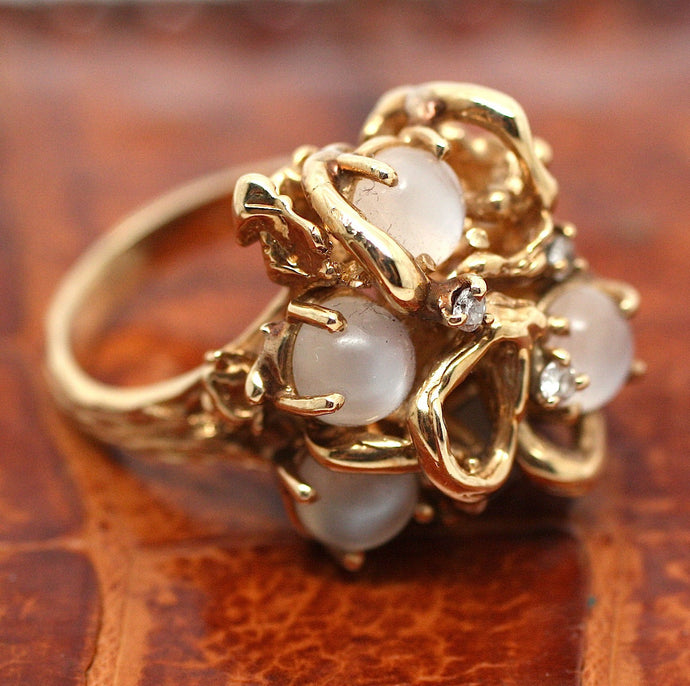 14K, Ceylon Moonstone, Diamond Cocktail Ring