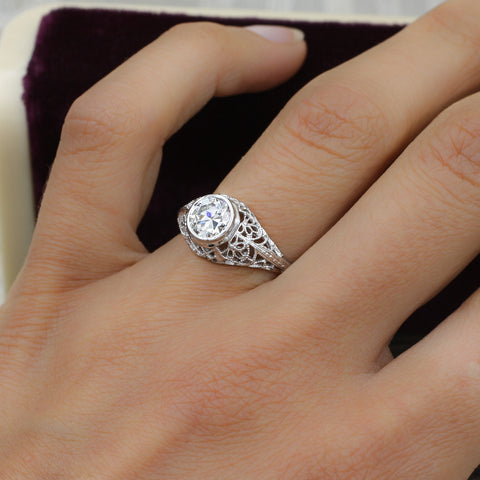 1920s 18k Filigree .95 Carat Certified Diamond Ring