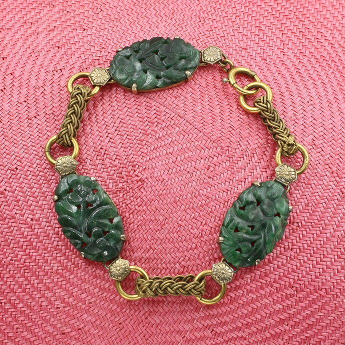 Chinese Gilt Spinach Jade Bracelet c1930