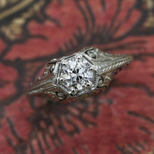 1920s Tall 18k Filigree GIA Certified Diamond Solitaire- Top View