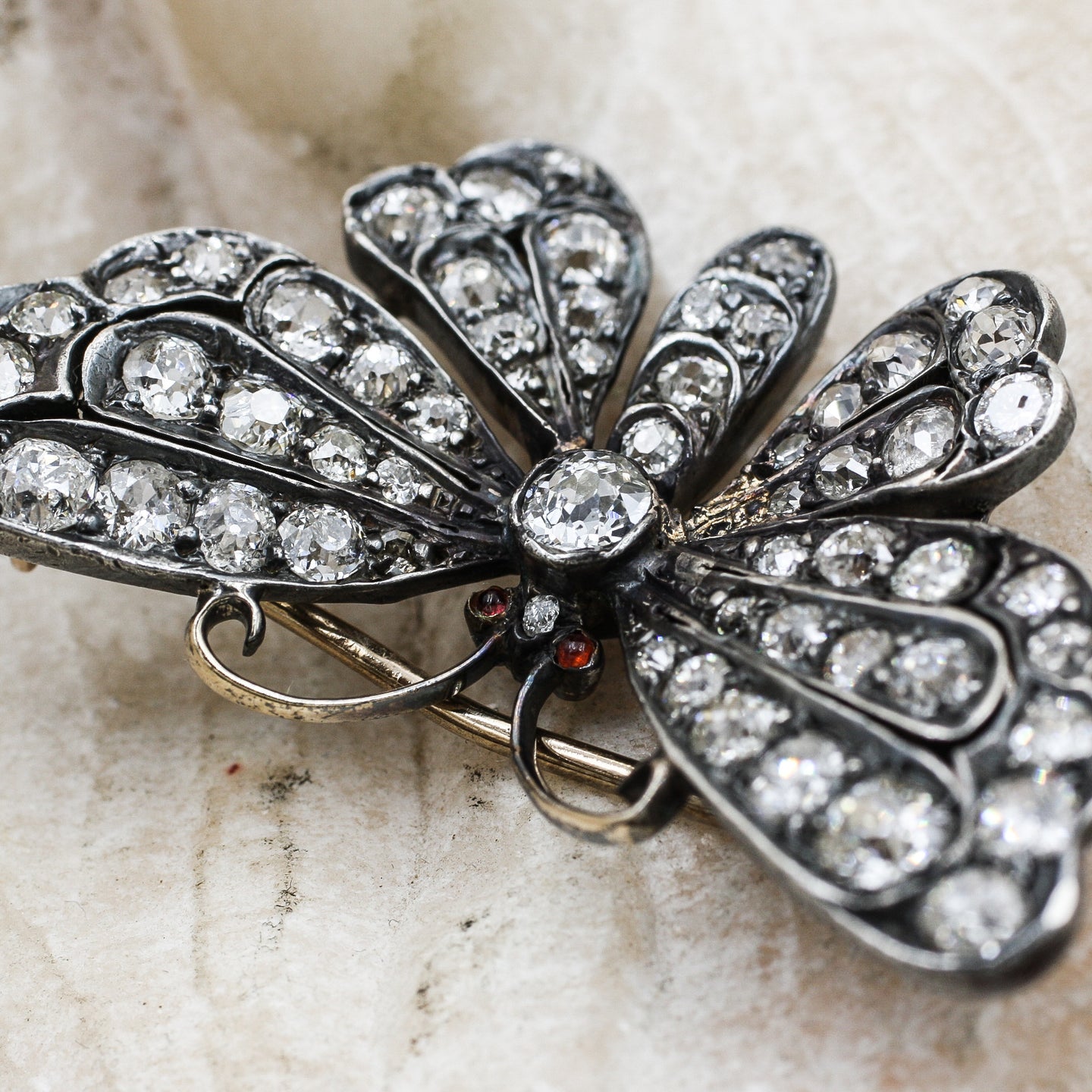 C1860 Old Mine Cut Diamond Butterfly Brooch- Close Up
