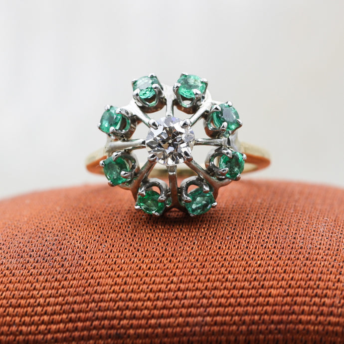 c1910 Old European Cut Diamond and Columbian Emerald Halo Ring