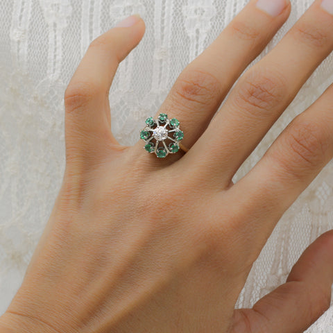 c1910 Old European Cut Diamond and Columbian Emerald Halo Ring