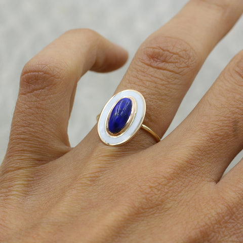 c1910 Lapis Lazuli and Enamel 14k Ring- On Model