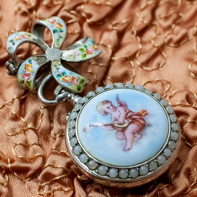 Cherub Enamel Pocket Watch and Pin Set c1880