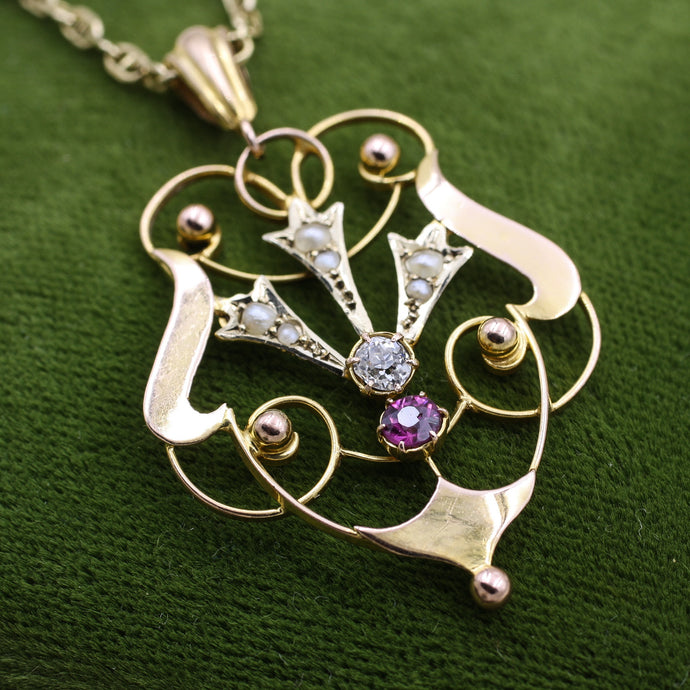 c1900 Art Nouveau Old Mine Cut Diamond and Amethyst Pendant