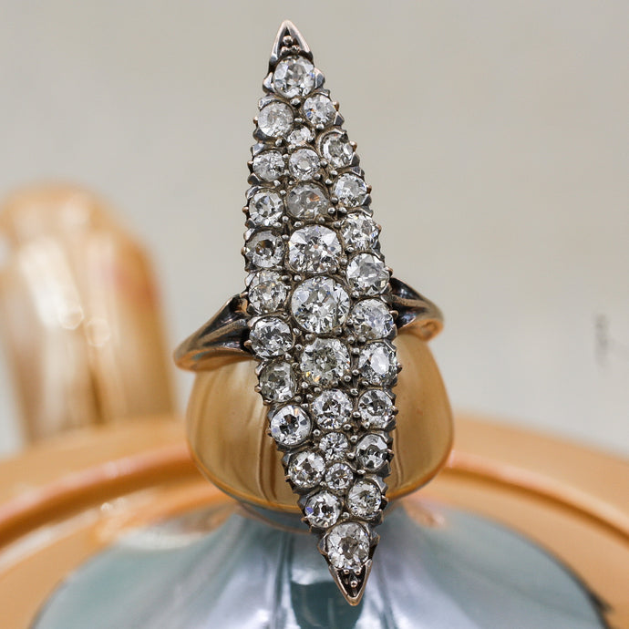 c1880 3.25ct Old Mine Cut Diamond Navette Ring