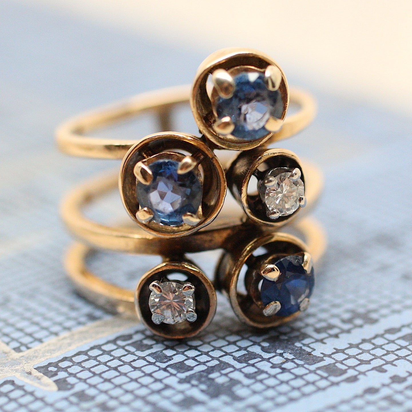 Mid-Century 14K Diamond & Synthetic Sapphire Ring