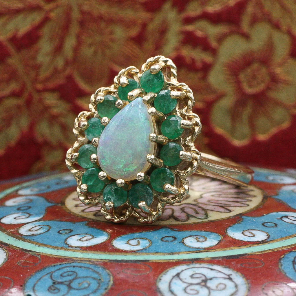 Vintage Opal with Emerald Halo Ring