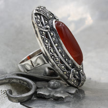 c1930 Sterling Marcasite and Carnelian Statement Ring