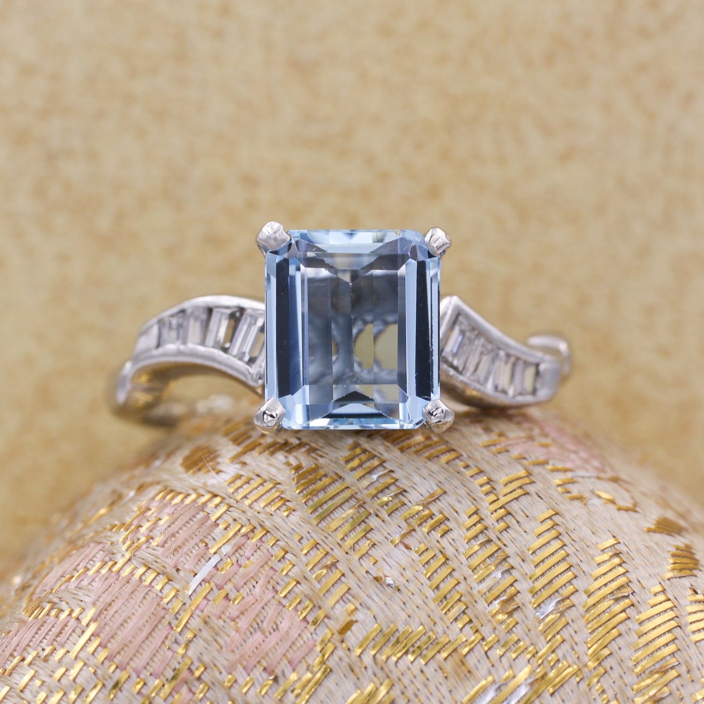 Midcentury Aquamarine and Baguette Diamond Ring