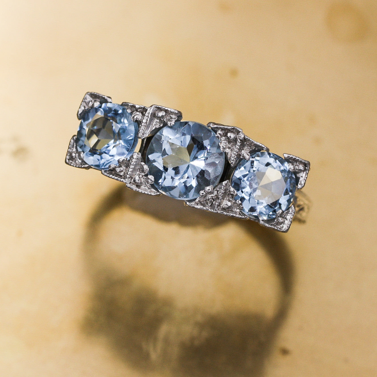 c1920 Handmade Platinum Aquamarine Three Stone Ring