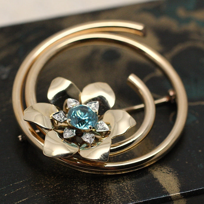 Circa 1940's 14K Blue Zircon Brooch
