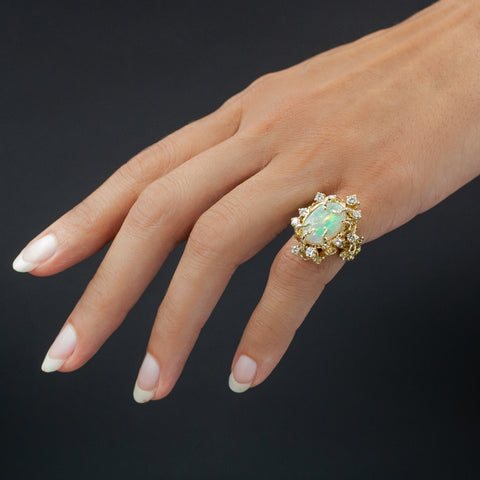 Brutalist Opal and Diamond Ring c1970