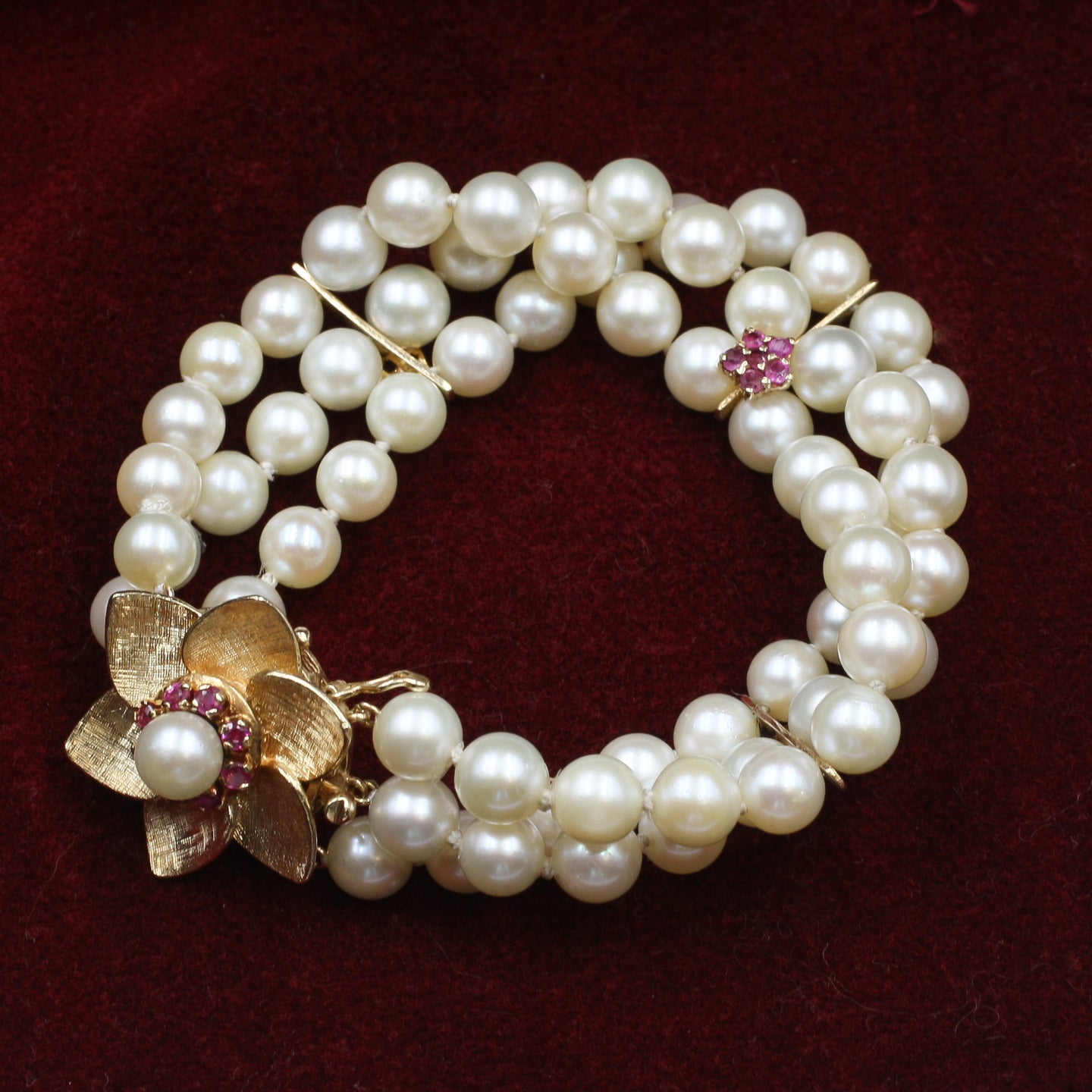 Pearl Bracelet with Ruby and Gold Flowers c1980