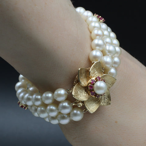 Pearl Bracelet with Ruby and Gold Flowers c1980