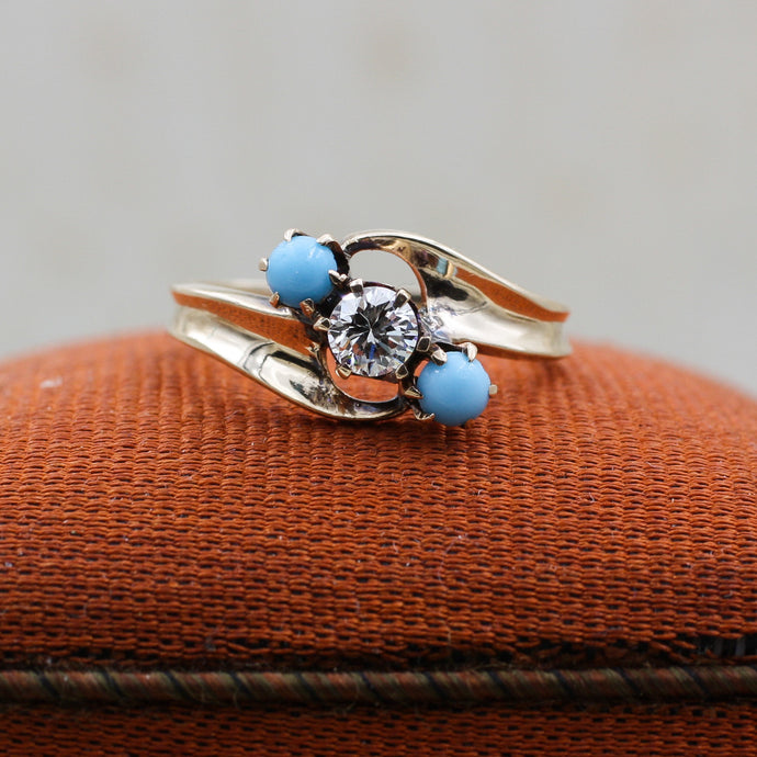 c1930 Transitional Cut Diamond and Persian Turquoise Ring