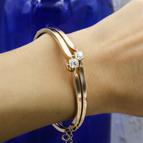 c1880 Toi et Moi Old Mine Cut Diamond Rose Gold Bangle