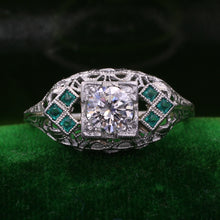 Deco Diamond Filigree Ring with Emeralds c1935
