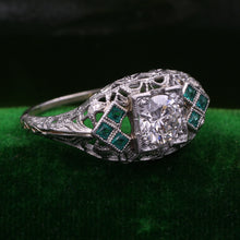 Deco Diamond Filigree Ring with Emeralds c1935