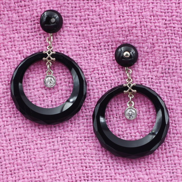 Deco Onyx and Diamond Drop Hoop Earrings