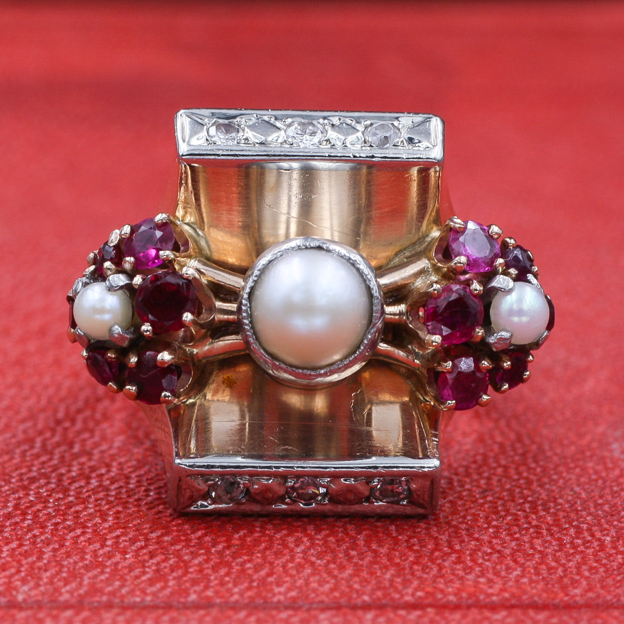 Retro Pearl and Ruby Flowers Ring c1940