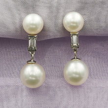 Midcentury Pearl and Baguette Diamond Drop Earrings