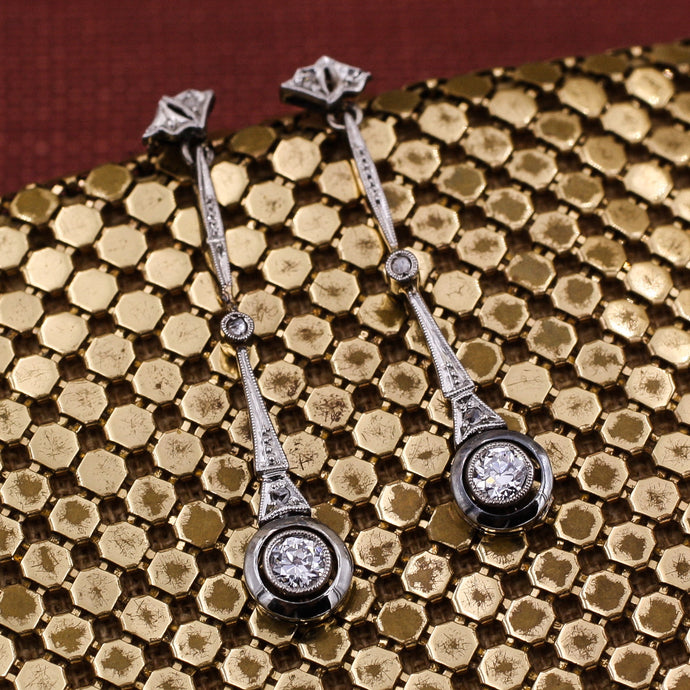 c1920 Platinum and 14k Diamond Drop Earrings