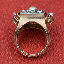 Retro Pearl and Ruby Flowers Ring c1940