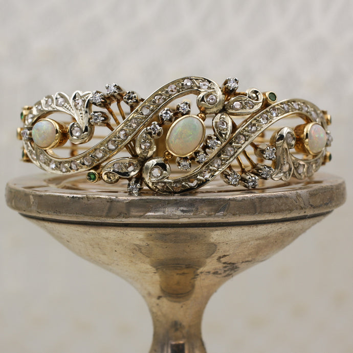 c1880 Opal, Emerald, and Rose Cut Diamond Bangle