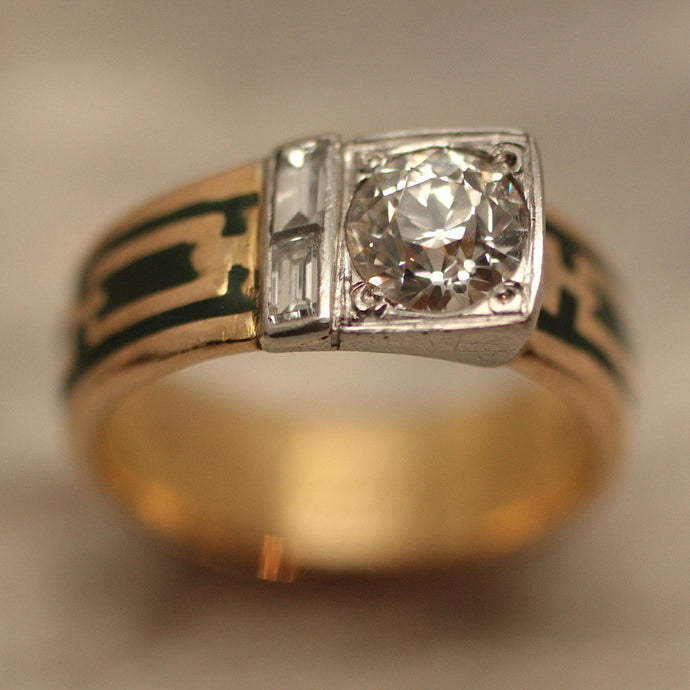 1920s Tiffany & Co. 18K Diamond & Green Enamel Ring