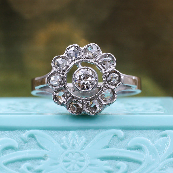 c1900 Handmade 18k Old Mine Cut and Rose Cut Diamond Halo Ring