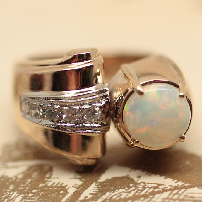 1920s-30s Deco 14K Gold Fire Opal w Diamond Ring