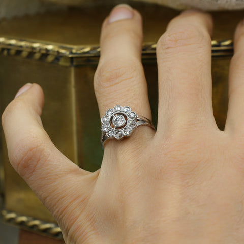 c1900 Handmade 18k Old Mine Cut and Rose Cut Diamond Halo Ring