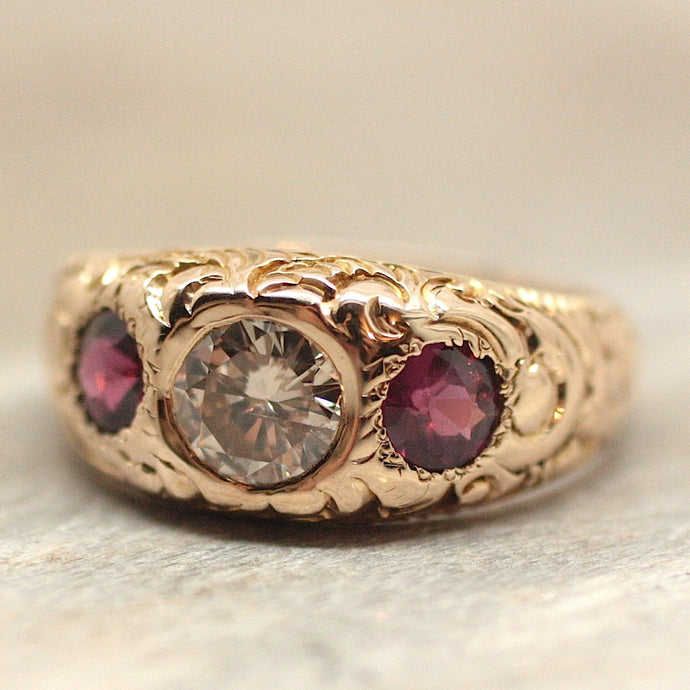 Circa 1890 Hand Carved Diamond and Purple Sapphire Gypsy Ring