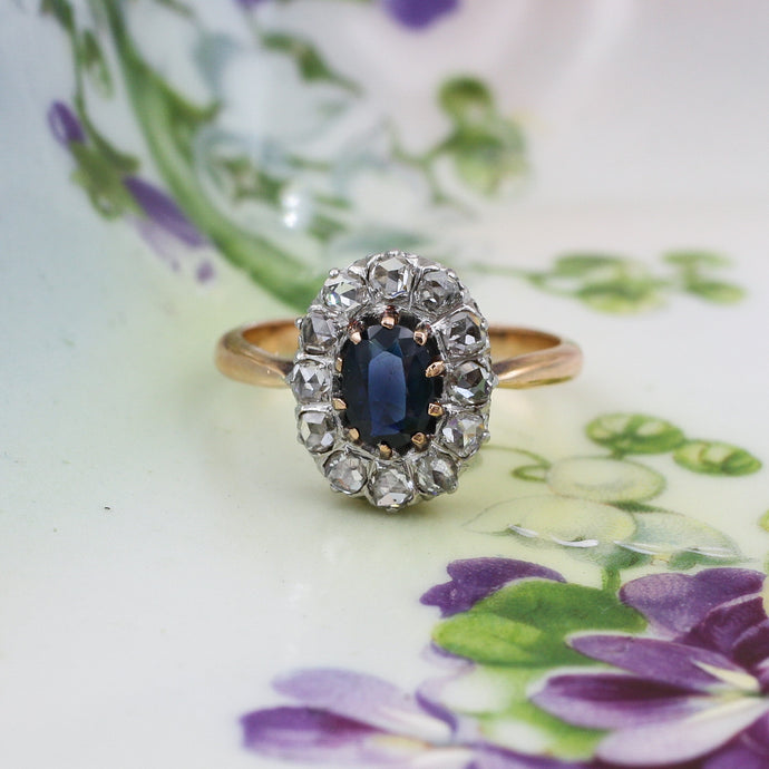 c1895 Sapphire and Rose Cut Diamond Halo Ring