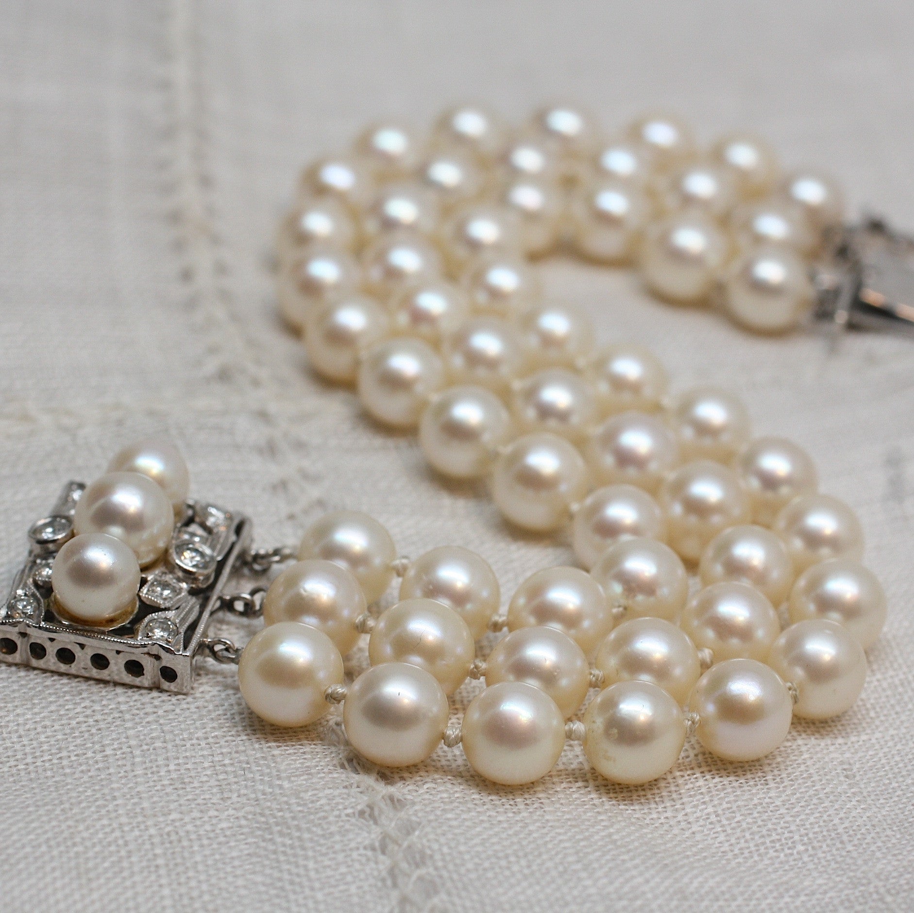 Circa 1950's 14k pearl & diamond multistrand bracelet Pippin Vintage