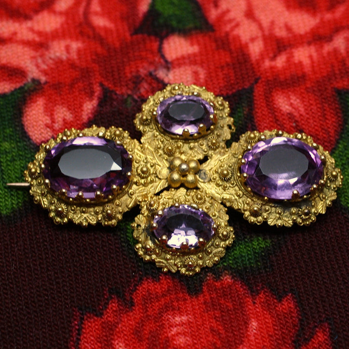 Circa 1850 14K Cannatile & Amethyst Brooch