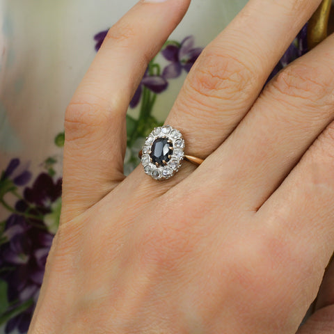 c1895 Sapphire and Rose Cut Diamond Halo Ring