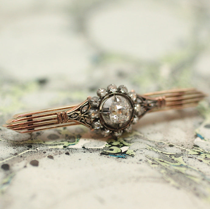 Circa 1880 14K Old-Mine Cut Diamond Bar Pin