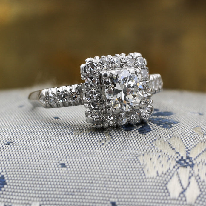 1920s Handmade Platinum Diamond Square Halo Ring