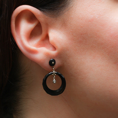 Deco Onyx and Diamond Drop Hoop Earrings