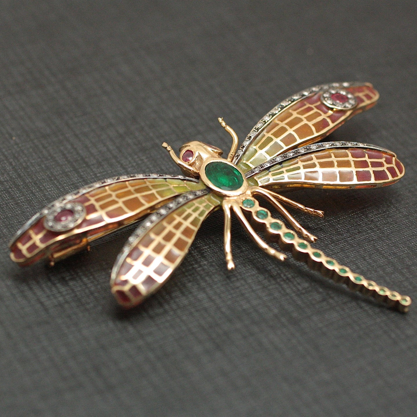 Circa 1950 18K Plique-a-jour Dragonfly Brooch