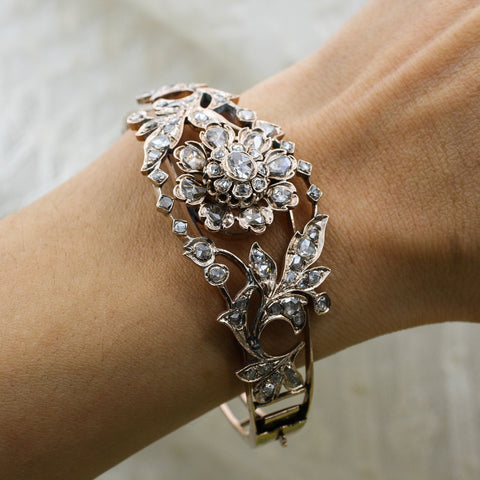 c1850 Rose Cut Diamond Floral Bangle