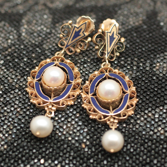 Circa 1950 14K, Enamel, Cultured Pearl Earrings