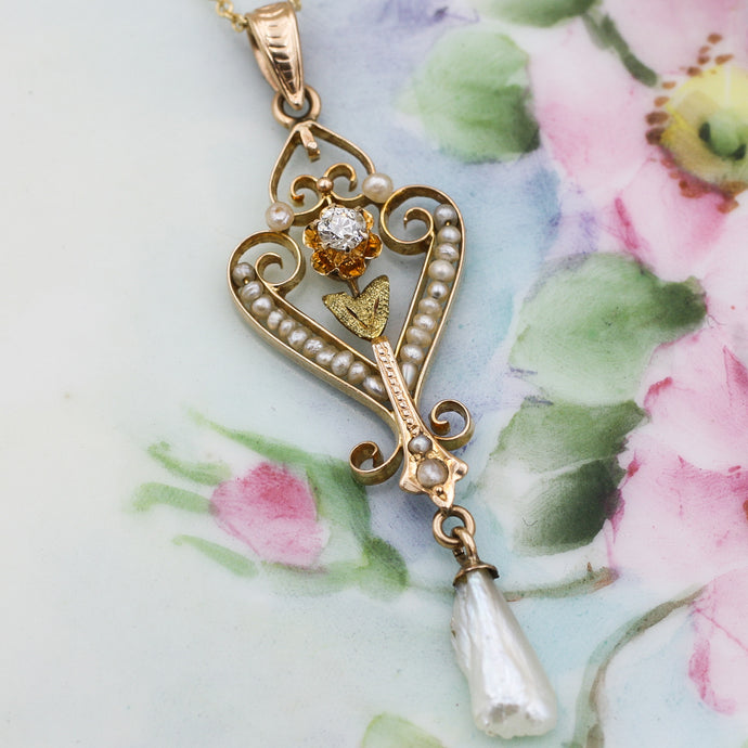 c1890 Diamond and Pearl Lavaliere Pendant