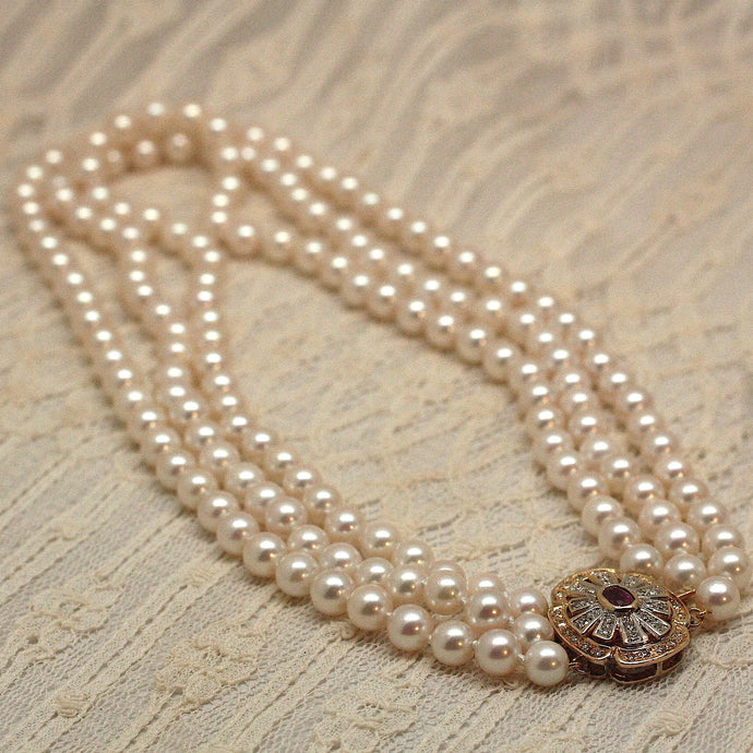 Circa 1950 3-Strand Pearl Necklace with Rubies and Diamonds