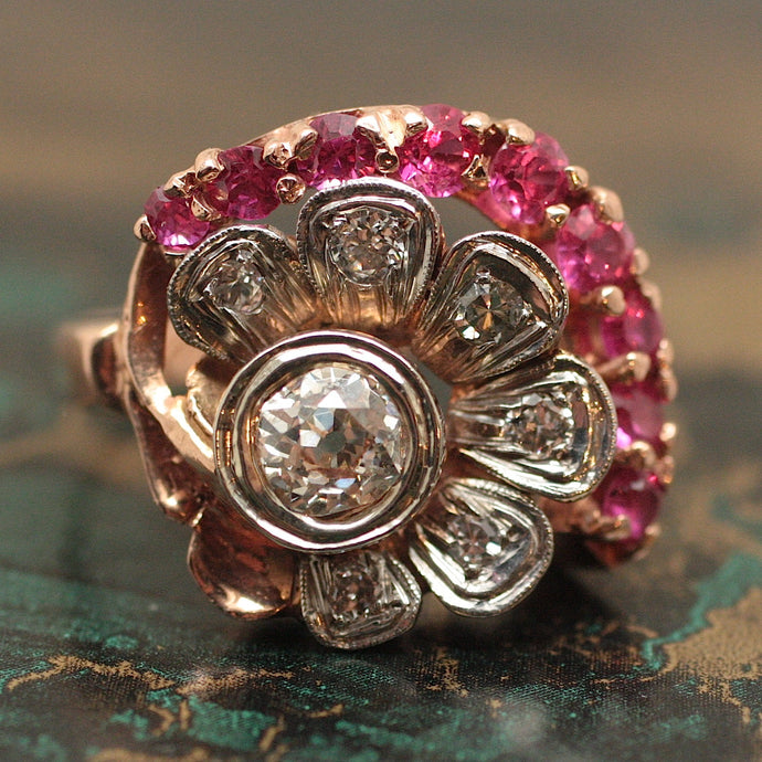 Circa 1940 Rose Gold, Diamond & Ruby Ring