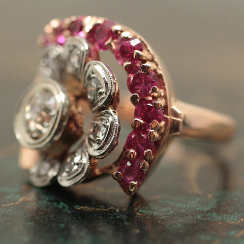 Circa 1940 Rose Gold, Diamond & Ruby Ring